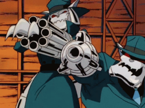 A Cartoon Character Is Holding A Gun And Wearing A Blue Hat GIF