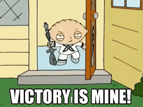 A Cartoon Character Is Holding A Gun In A Doorway And Says `` Victory Is Mine ! '' GIF