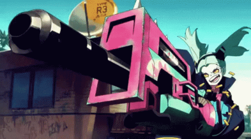 A Cartoon Character Is Holding A Gun In Front Of A Building With A Sign That Says R3 GIF