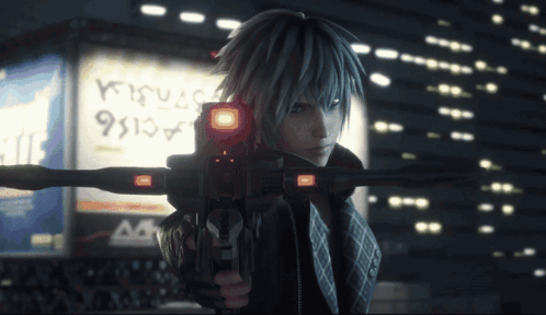 A Cartoon Character Is Holding A Gun In Front Of A Sign That Says ' Acis6 ' GIF