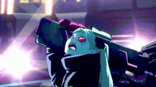 A Cartoon Character Is Holding A Gun With A Purple Light Behind Her . GIF