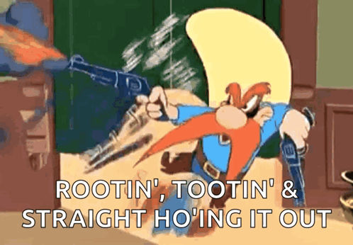 A Cartoon Character Is Holding A Gun With The Words Rootin ' Tootin ' & Straight Ho 'Ing It Out Below Him GIF