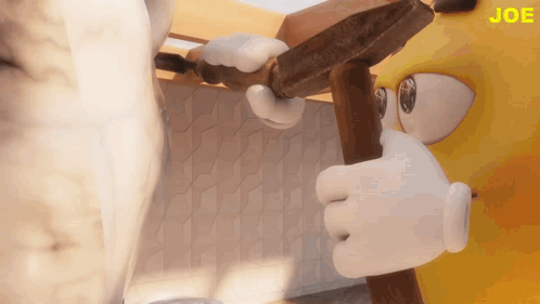 A Cartoon Character Is Holding A Hammer And The Word Joe Is On The Bottom Right GIF