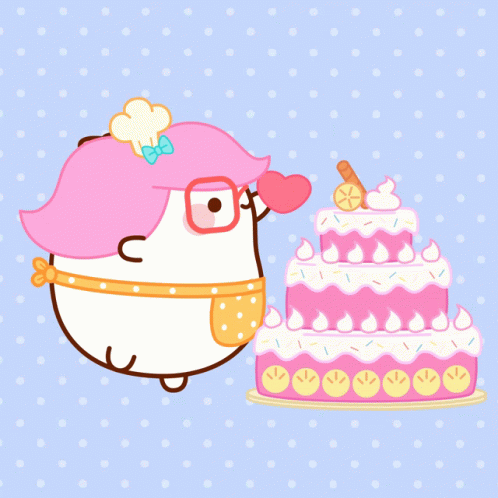 A Cartoon Character Is Holding A Heart In Front Of A Cake GIF