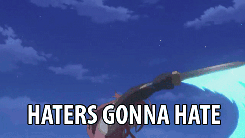 A Cartoon Character Is Holding A Knife And The Words Haters Gonna Hate Are Above Her GIF