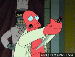 A Cartoon Character Is Holding A Knife In Front Of A Chef And Says Make Gifs At Gfcup.com GIF