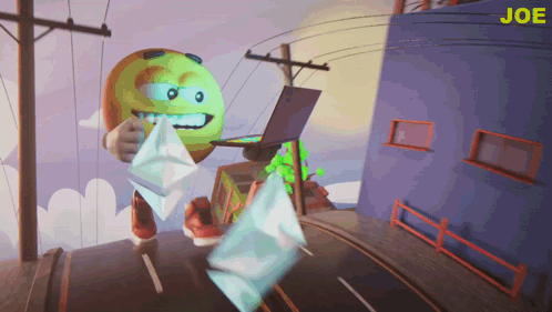A Cartoon Character Is Holding A Laptop And The Word Joe Is On The Bottom Of The Screen GIF