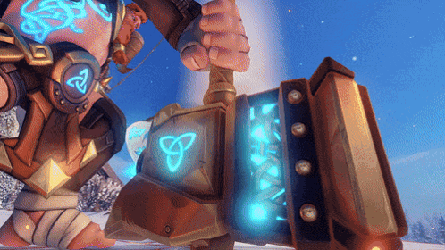 A Cartoon Character Is Holding A Large Hammer With A Celtic Symbol On It GIF
