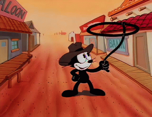 A Cartoon Character Is Holding A Lasso In Front Of A Building That Says Bank GIF