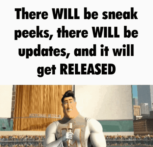 A Cartoon Character Is Holding A Microphone And Says There Will Be Sneak Peeks , There Will Be Updates And It Will Get R GIF