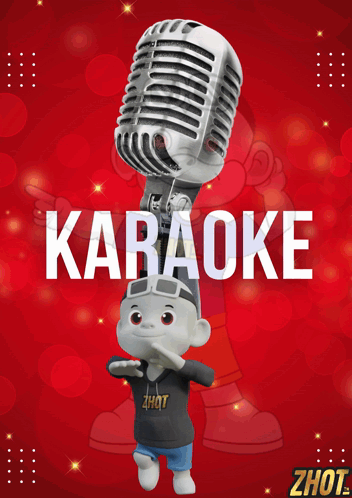 a cartoon character is holding a microphone with the word karaoke on it