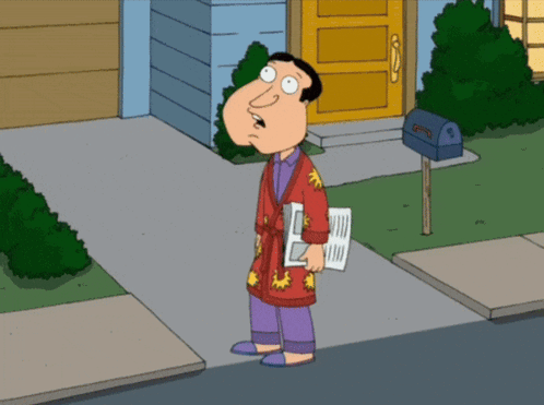 A Cartoon Character Is Holding A Newspaper In Front Of A House GIF