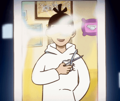 A Cartoon Character Is Holding A Pair Of Scissors In His Hand GIF