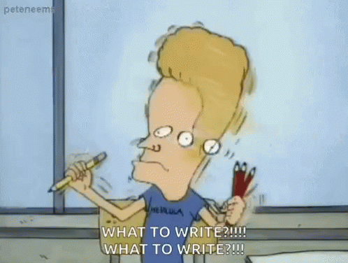 A Cartoon Character Is Holding A Pencil And A Pair Of Scissors And Says What To Write . GIF