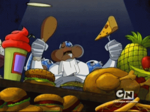 A Cartoon Character Is Holding A Piece Of Cheese In Front Of A Bunch Of Food With Cn Written On The Bottom GIF