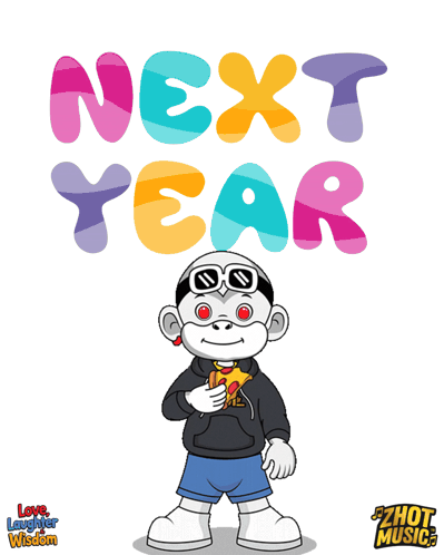 A Cartoon Character Is Holding A Piece Of Pizza In Front Of The Words Next Year GIF