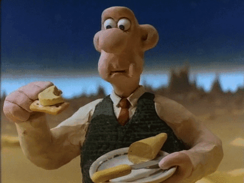 A Cartoon Character Is Holding A Plate Of Food And Eating A Piece Of Cheese GIF