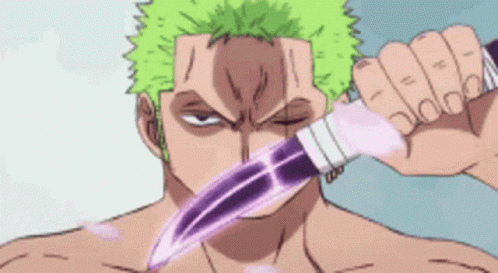 A Cartoon Character Is Holding A Purple Knife In His Hand . GIF