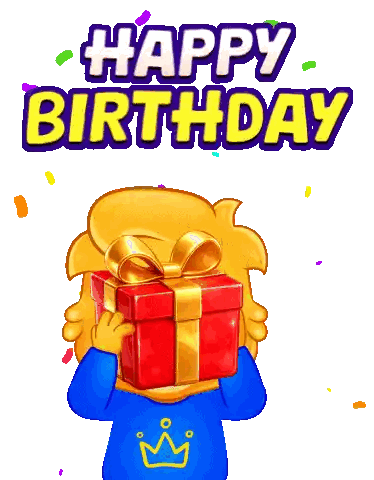 a cartoon character is holding a red gift box in front of his face and the words happy birthday are above him