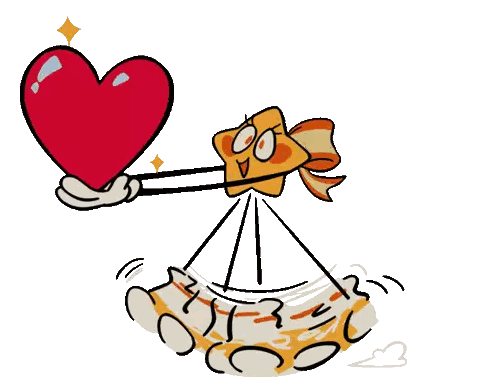 a cartoon character is holding a red heart and a bow