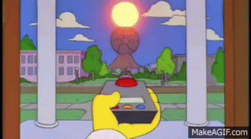 A Cartoon Character Is Holding A Remote Control In Front Of A Building GIF