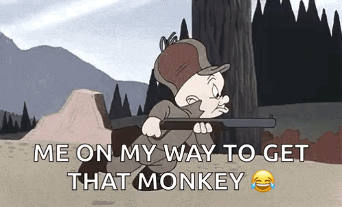 A Cartoon Character Is Holding A Rifle And Says `` Me On My Way To Get That Monkey '' . GIF