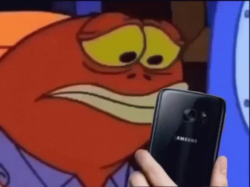 a cartoon character is holding a samsung phone in front of him .