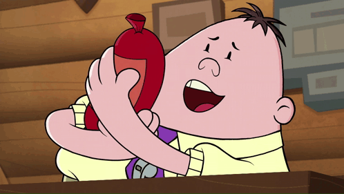 A Cartoon Character Is Holding A Sausage In His Mouth GIF