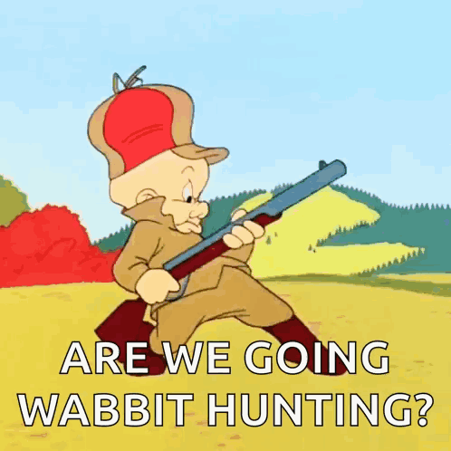 A Cartoon Character Is Holding A Shotgun And Says " Are We Going Wabbit Hunting " GIF
