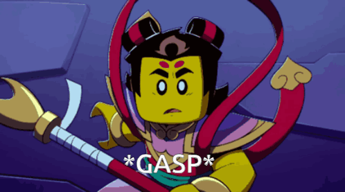 A Cartoon Character Is Holding A Spear And The Word Gasp Is Below Him GIF