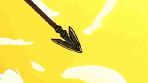 a cartoon character is holding a spear in his hand while standing in front of a yellow background .
