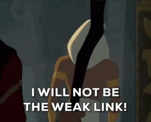 A Cartoon Character Is Holding A Stick And Says " I Will Not Be The Weak Link ! " GIF
