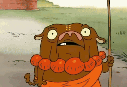 A Cartoon Character Is Holding A Stick And Wearing An Orange Necklace GIF