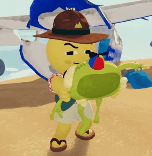 A Cartoon Character Is Holding A Stuffed Animal With The Name Burg On His Hat GIF