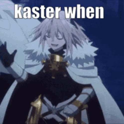 A Cartoon Character Is Holding A Sword And Says ' Caster When ' In White Letters . GIF