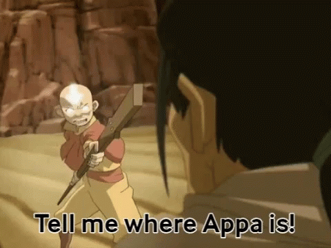 A Cartoon Character Is Holding A Sword And Says Tell Me Where Appa Is . GIF
