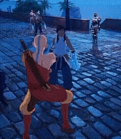 A Cartoon Character Is Holding A Sword And Standing On A Cobblestone Street GIF