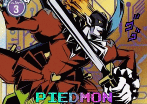 a cartoon character is holding a sword and the word piedmon is on the bottom of the image .