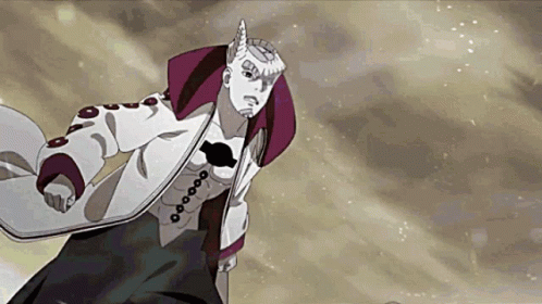 A Cartoon Character Is Holding A Sword And Wearing A White Coat With A Purple Collar . GIF
