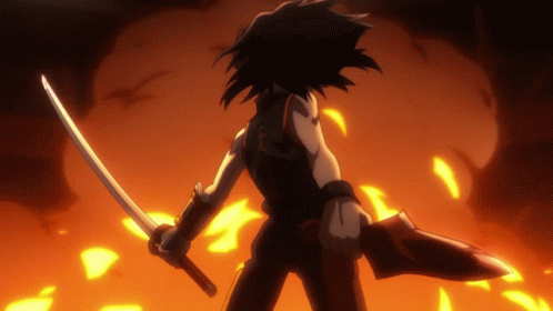 A Cartoon Character Is Holding A Sword In Front Of A Fire GIF