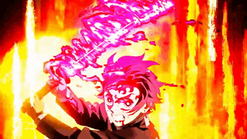A Cartoon Character Is Holding A Sword In Front Of A Fire . GIF