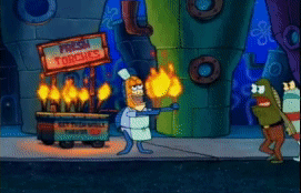 A Cartoon Character Is Holding A Torch In Front Of A Sign That Says " Fresh Torches " GIF