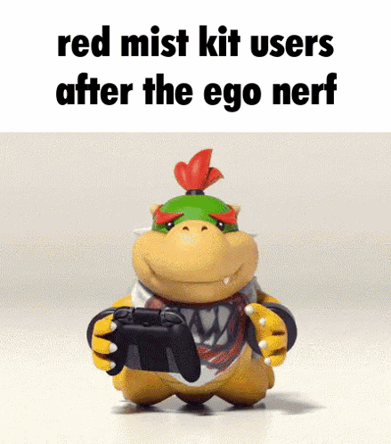 A Cartoon Character Is Holding A Video Game Controller And Says " Red Mist Kit Users After The Ego Nerf " . GIF