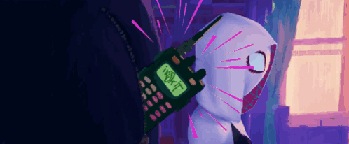 A Cartoon Character Is Holding A Walkie Talkie That Says " Work It " On It GIF
