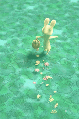 a cartoon character is holding a watering can and flowers are coming out of the water