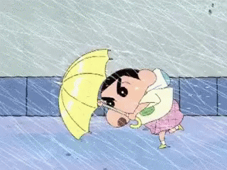 A Cartoon Character Is Holding A Yellow Umbrella While Walking In The Rain GIF
