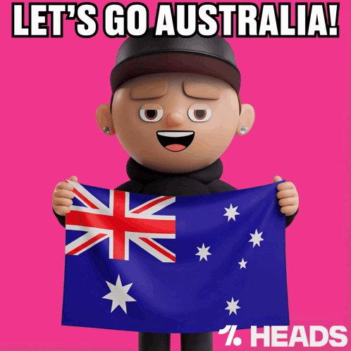 A Cartoon Character Is Holding An Australian Flag With The Words Let 'S Go Australia Below Him GIF
