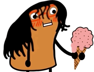 a cartoon character is holding an ice cream cone with a strawberry flavor