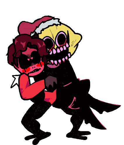 a cartoon character is holding another character in his arms while wearing a santa hat .