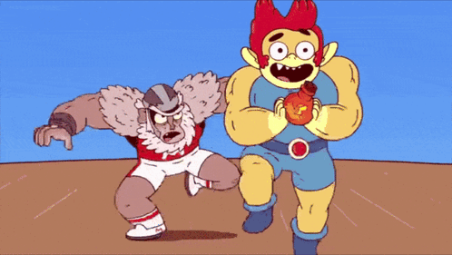 a cartoon character is holding another character 's arm with a lightning bolt on his chest